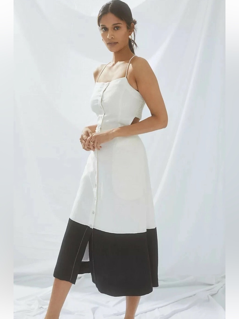Anthropologie Maeve Two-Tone Spaghetti Strap Midi Dress in White and Black
